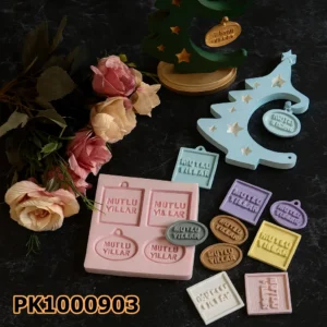 PK1000903 - Silikon Kalıp Mum Kalıbı - 4'lü Mutlu Yıllar Minik Etiket