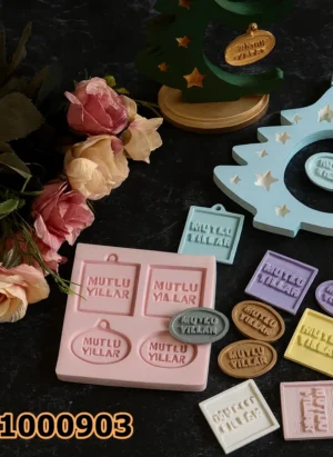 PK1000903 - Silikon Kalıp Mum Kalıbı - 4'lü Mutlu Yıllar Minik Etiket